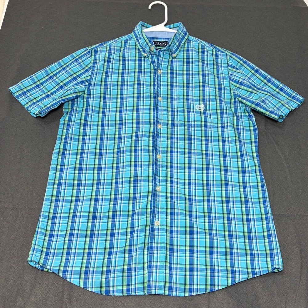 Chaps Easy Care Plaid Short Sleeve Button Down Shirt Liquid Blue Mens Small